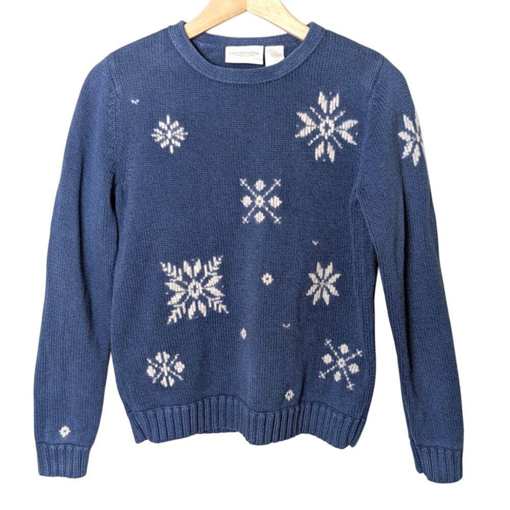Liz Clairborne Snowflake Blue Knit Christmas Sweater Women S Petite Holiday